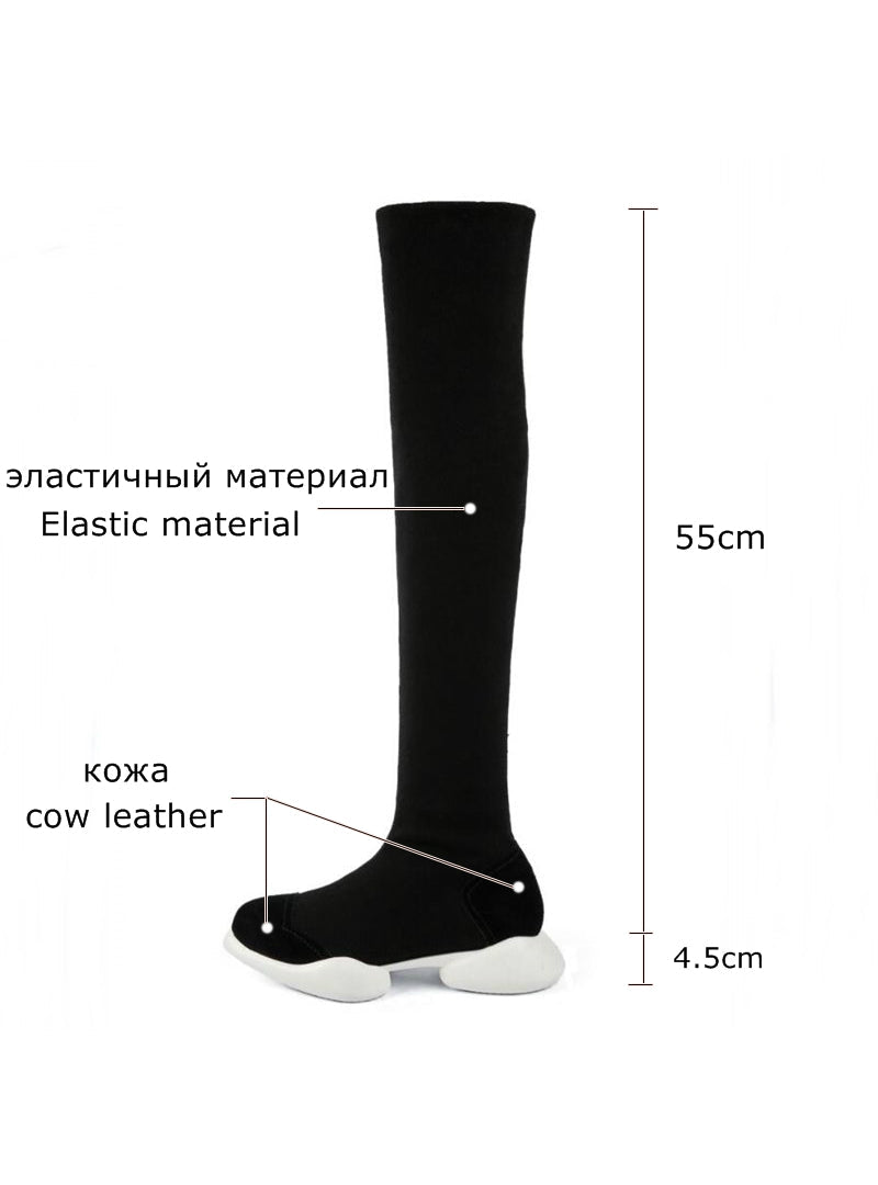 Genuine Leather+Stretch Fabrics Elastic Boots