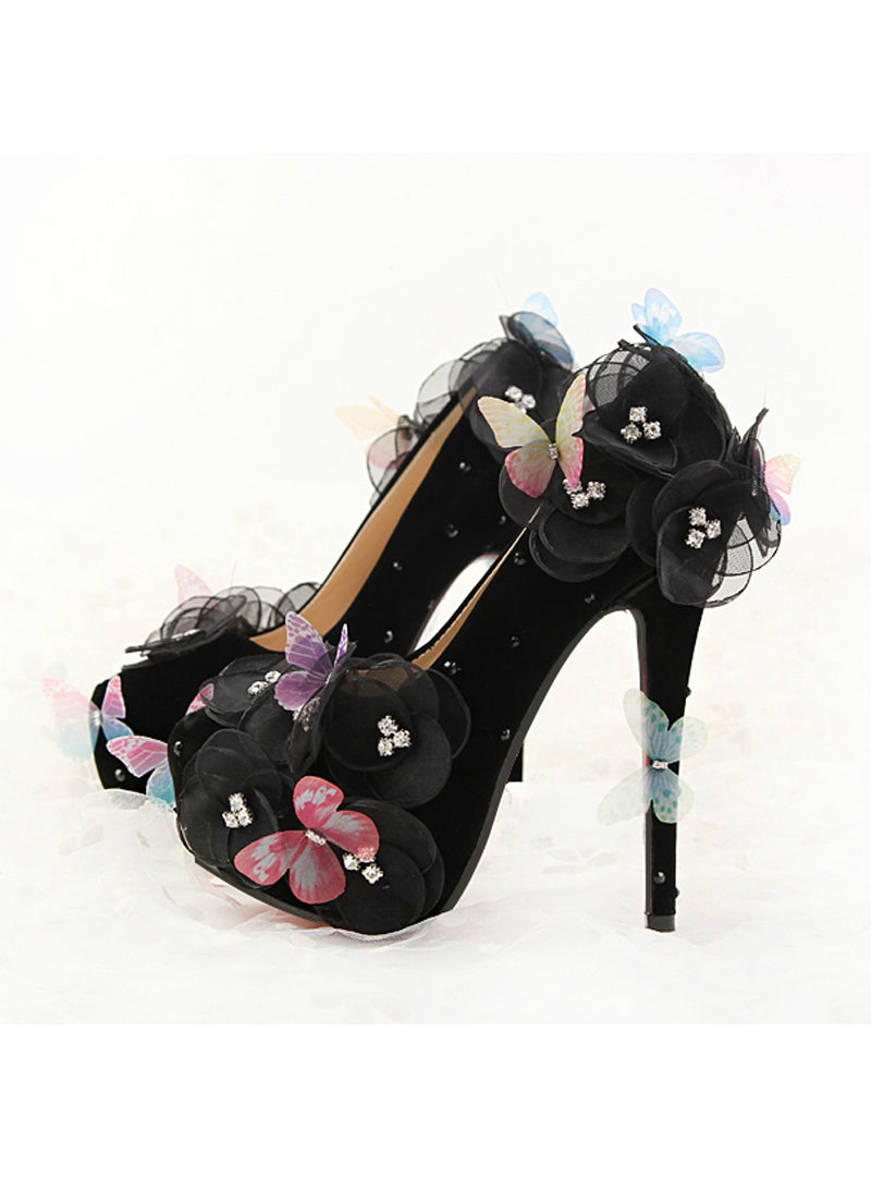 Black Butterfly Flowers Bridal Shoes Stiletto Heels