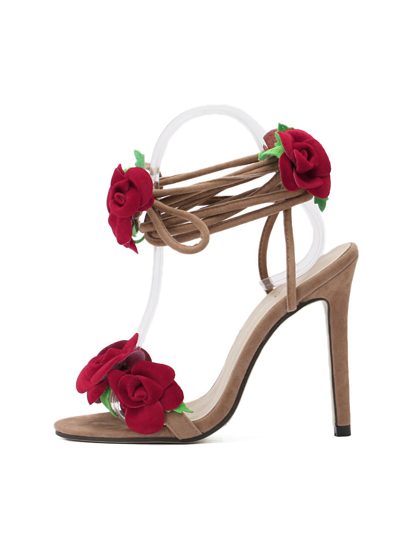 Appliques Ankle Strap Lace Up Shoes High Heels Sandals