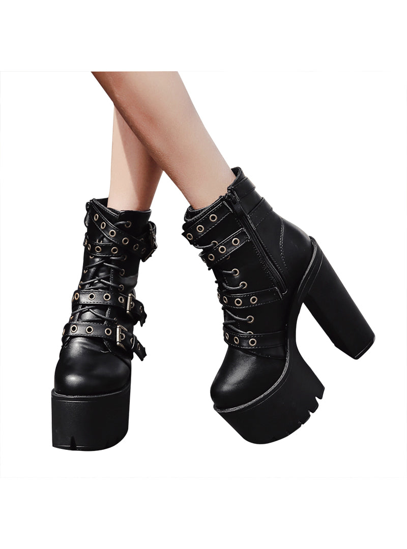 Rivet Black Ankle Boots Women Platform Soft Leather