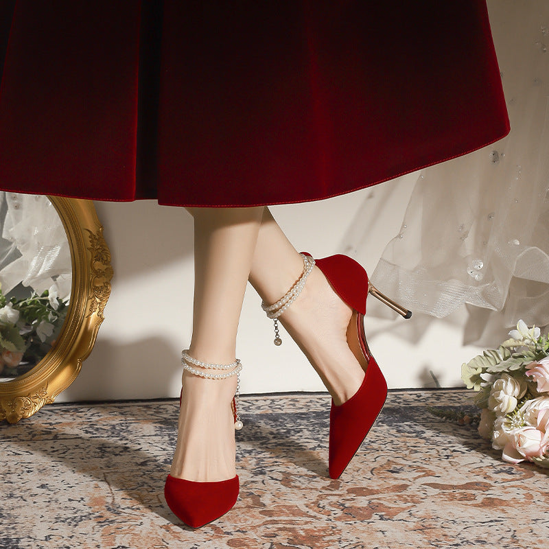 Pointed Stiletto Heels Pearls Shoes