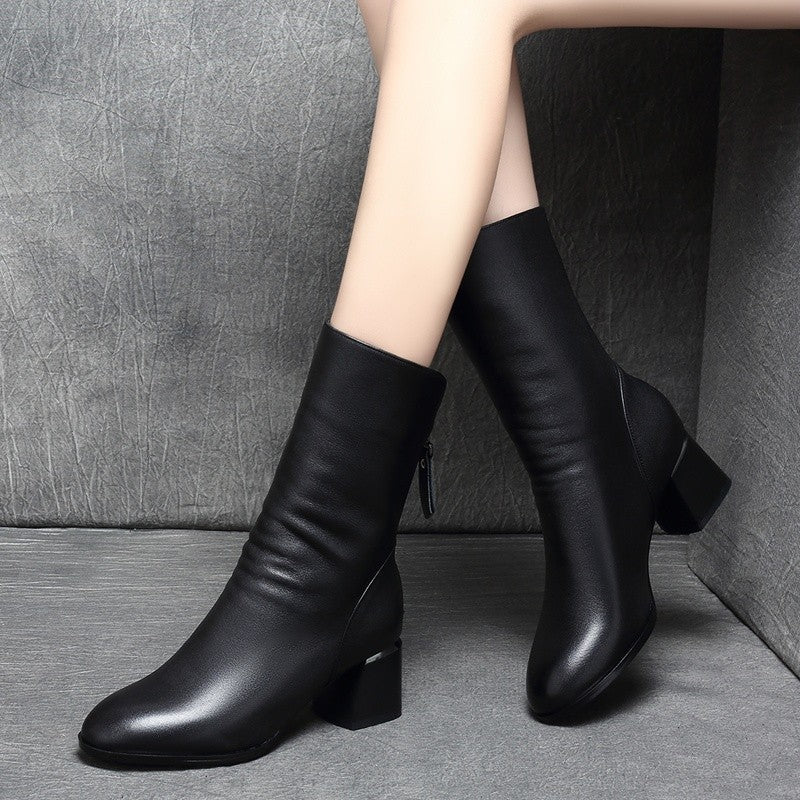 Thick Round Head and Middle Heel Boots