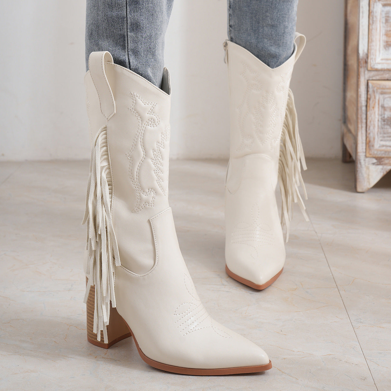 Pointed Embroidered Tassels White Boots