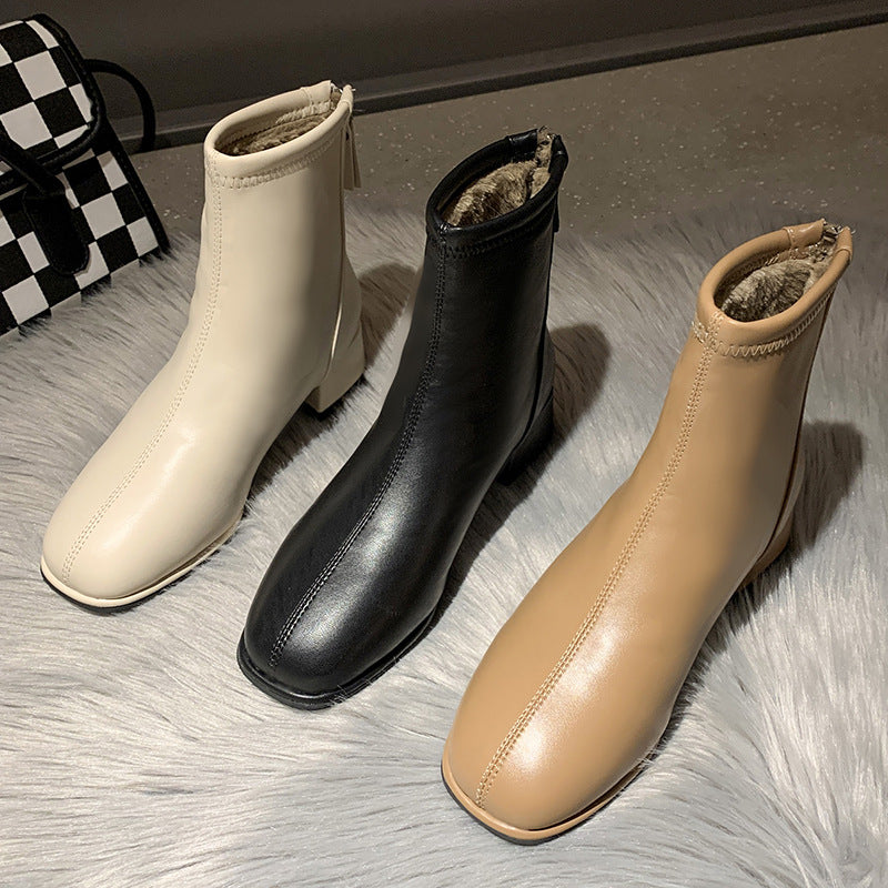 Back Zipper Cotton Square Head Snow Boots