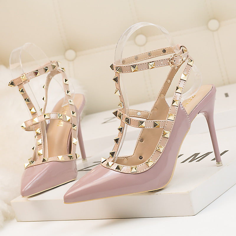 Pointed Patent Leather Rivets Roman Sandals Heels