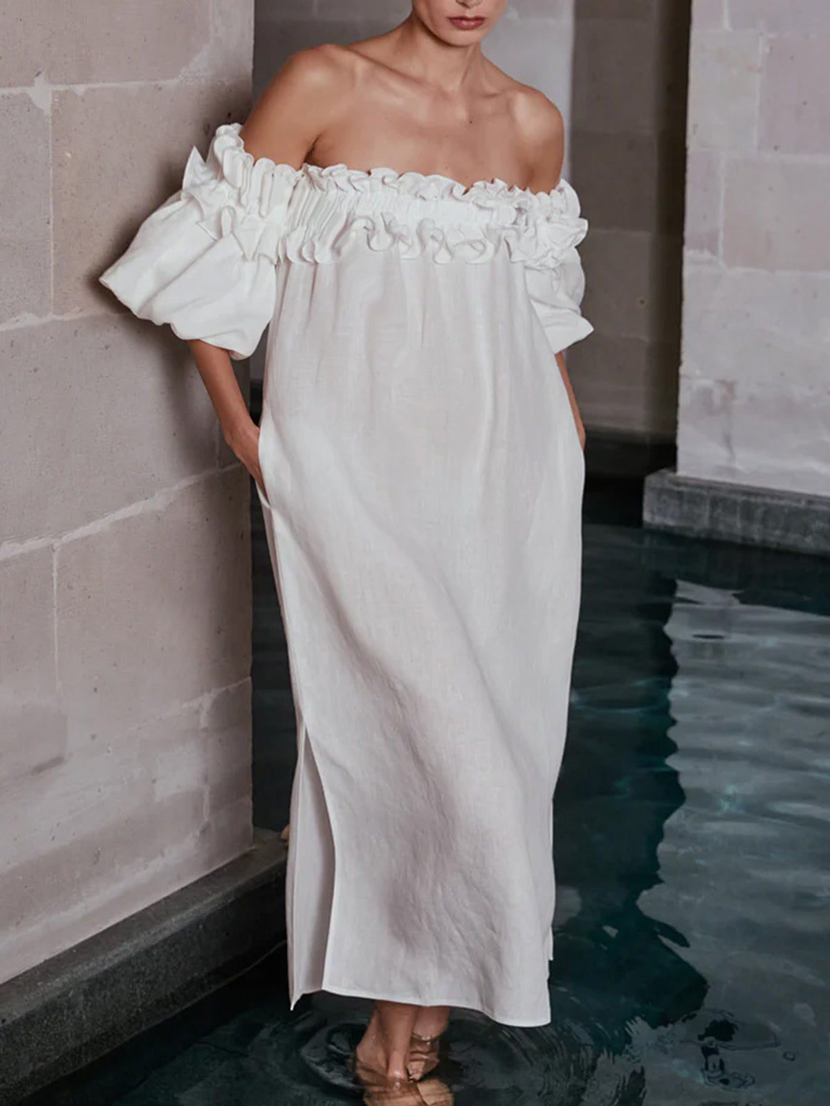 Paradise Lettuce Trim Cold Shoulder Backless Midi Dress