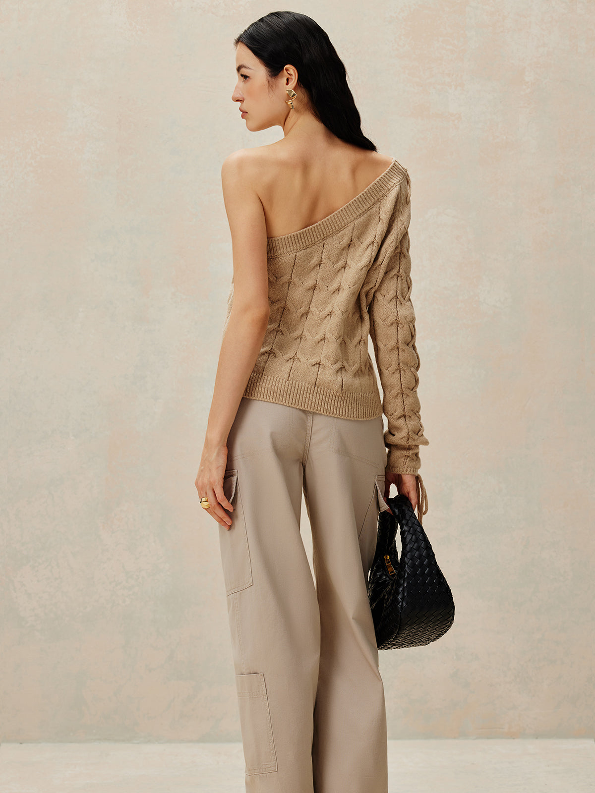 Cold Shoulder Ribbed Drawstring Knit Top