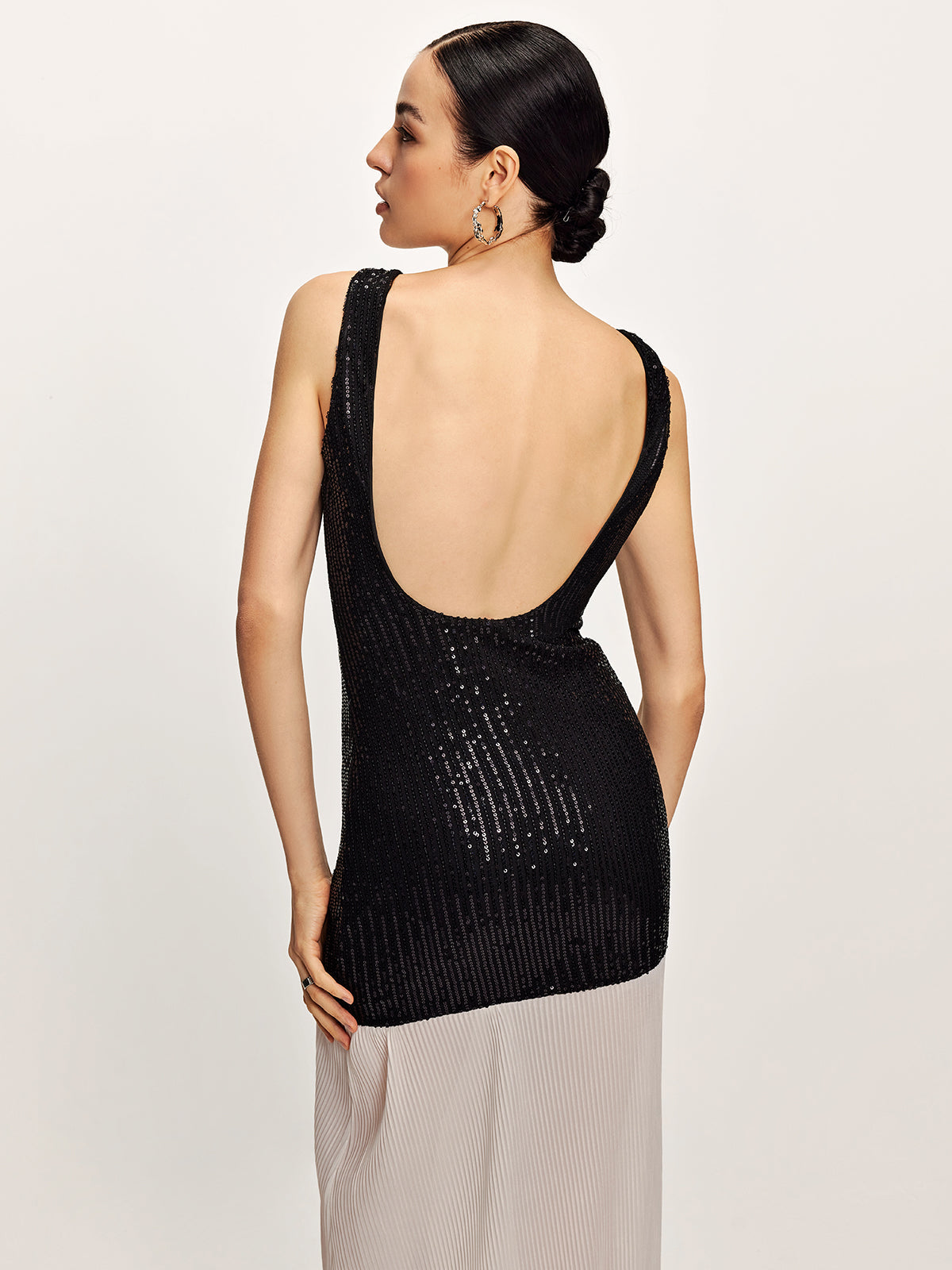 Backless Color Block Sequins Panel Dress