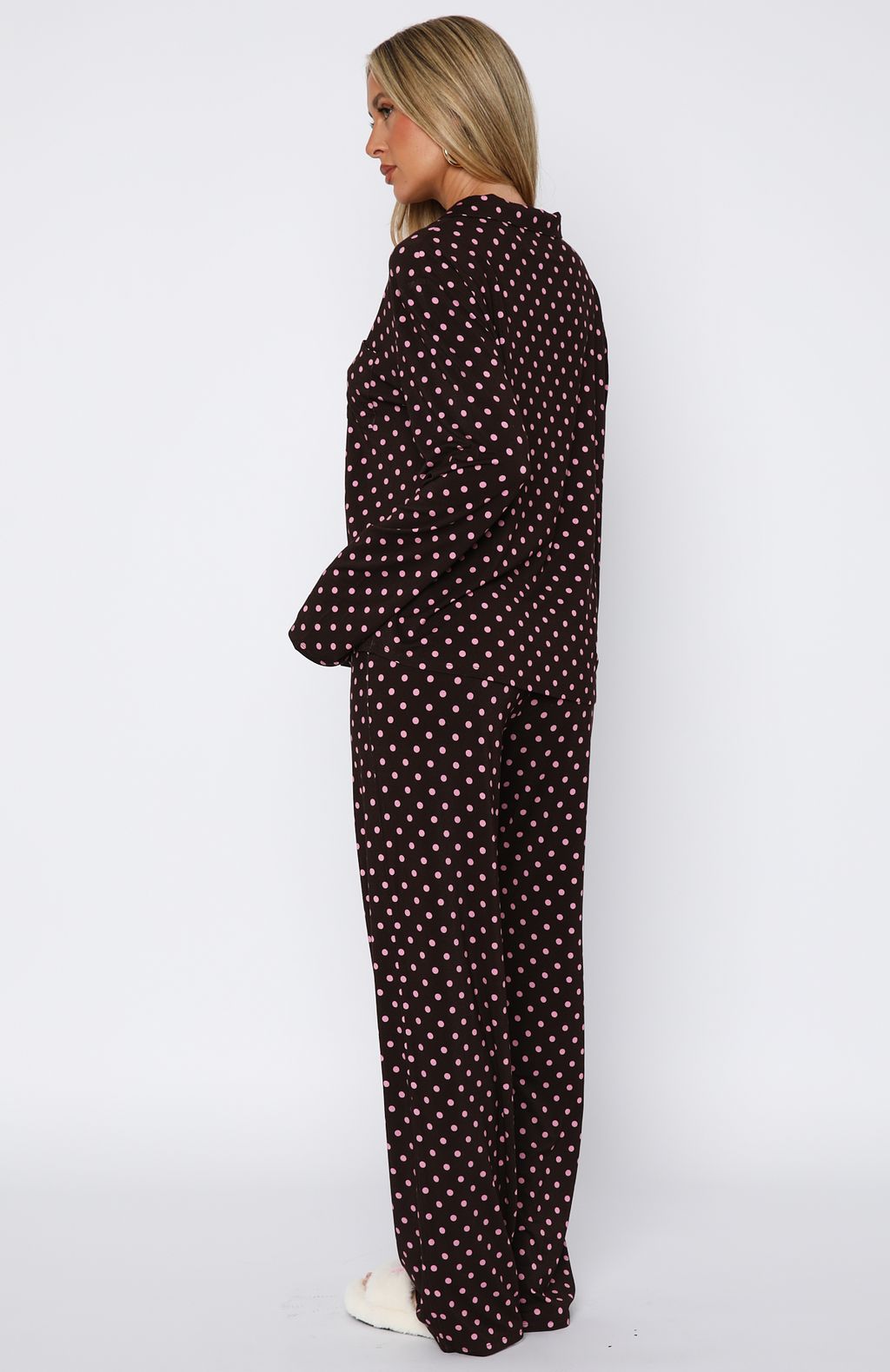 Pillow Talk Printed Long Sleeve Pyjama Set Choc/Pink Polka Dot