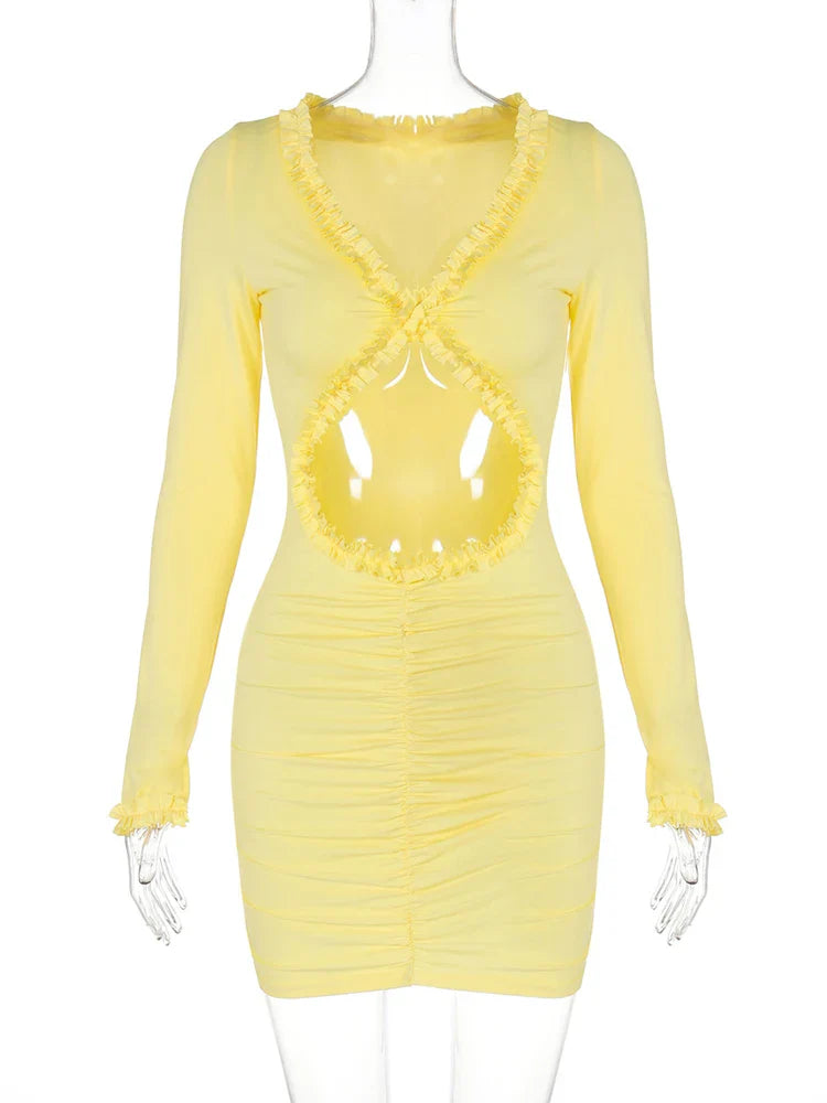 Yellow Hollow-Out Mini Dress