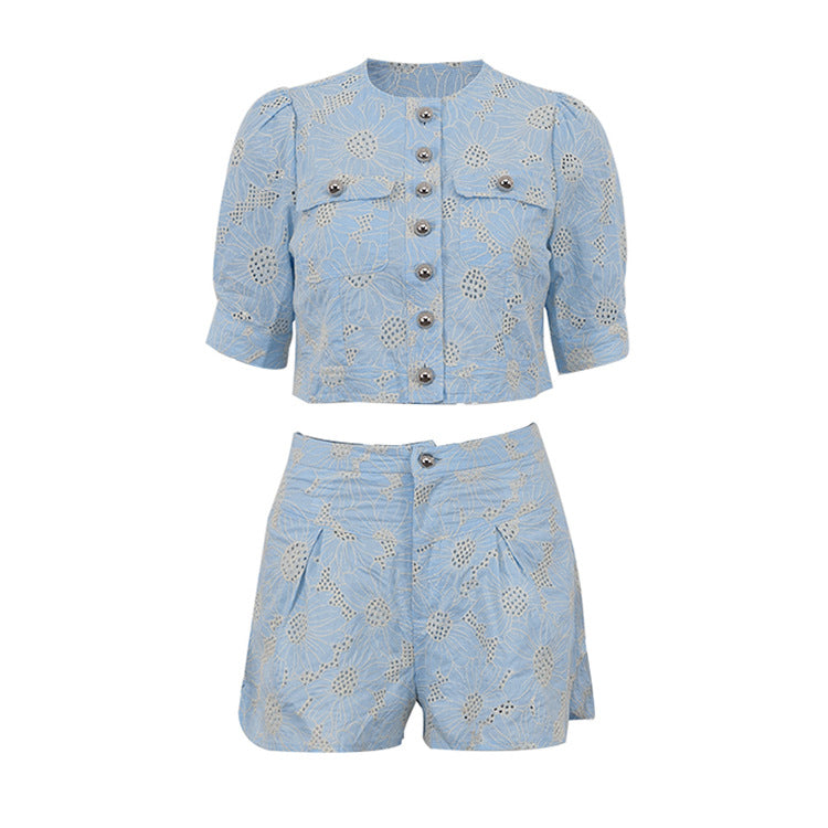 Multi-Button Embroidery Shorts Set