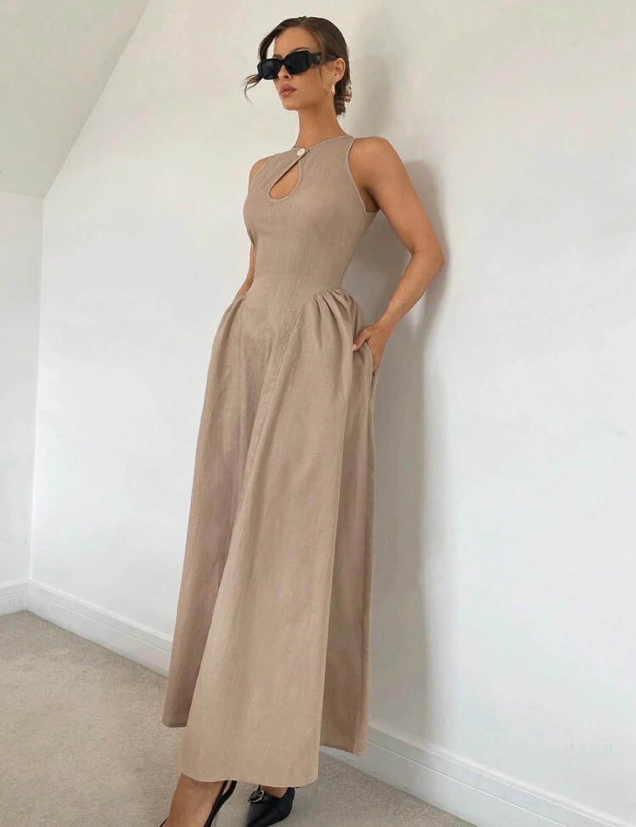 Cotton & Linen Pleated Cutout Long Dress