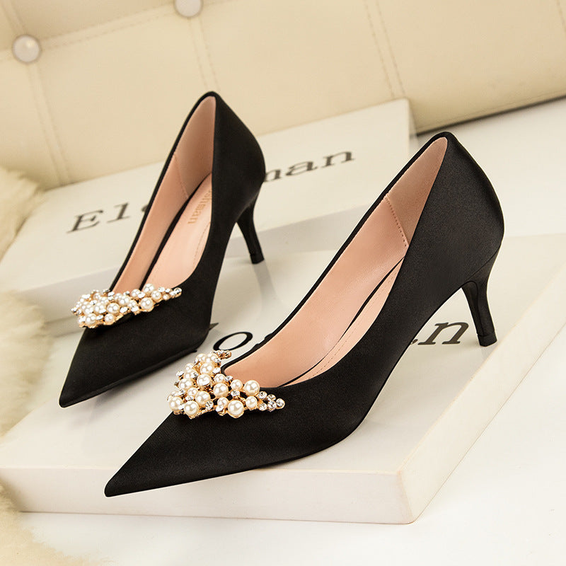 Thin Heels Pointed Pearl Rhinestone Shoes