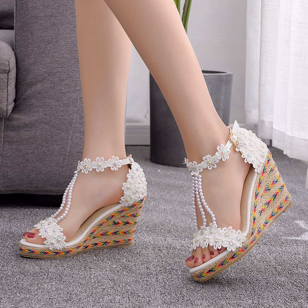 Waterproof Platform Toe Rainbow Lace Beaded Sandals