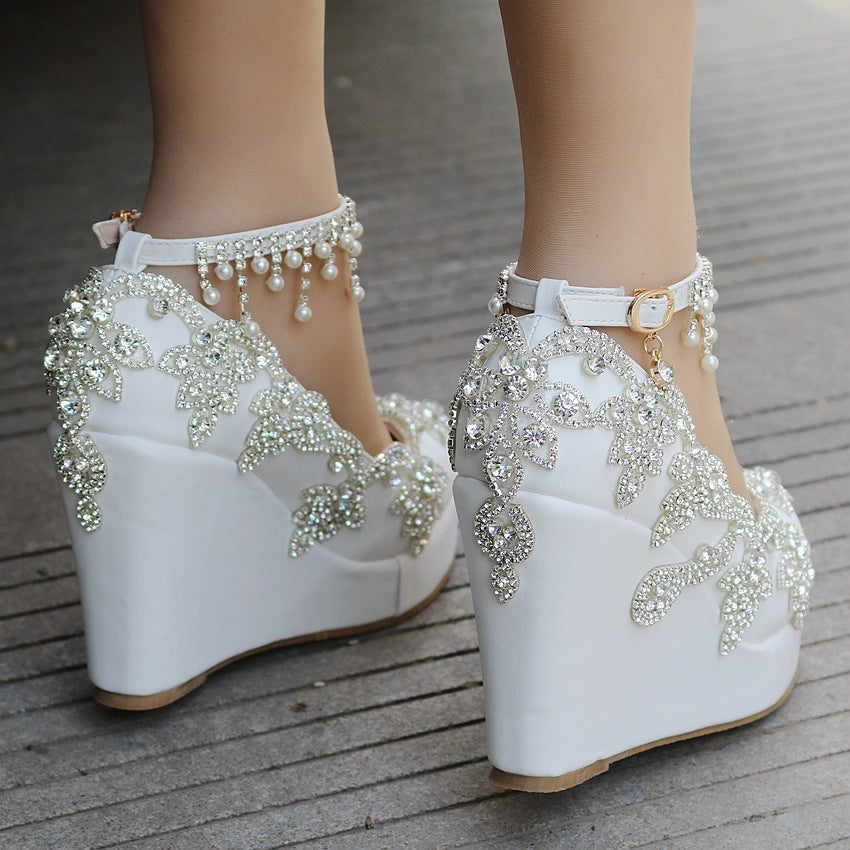 Beaded Tassel Round Toe High Heels Wedding Shoes