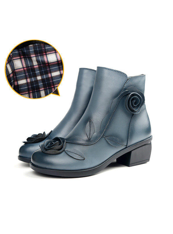 Flower Square Heels Round Toe Leather Women Boots