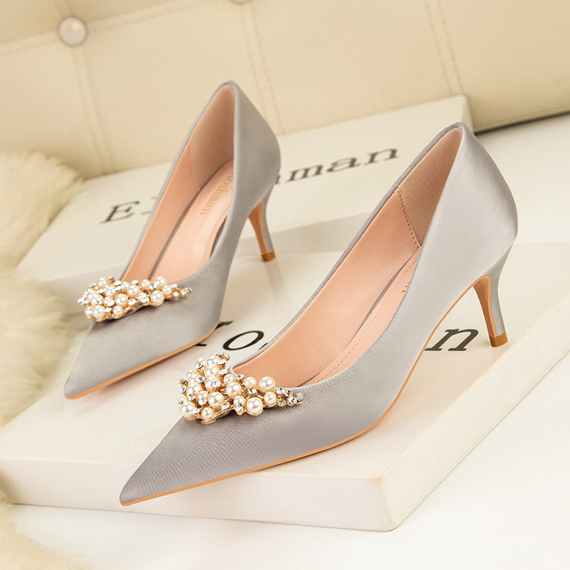 Thin Heels Pointed Pearl Rhinestone Shoes