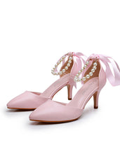 7 cm Thin Heel Rhinestone Beaded Ribbon Sandals