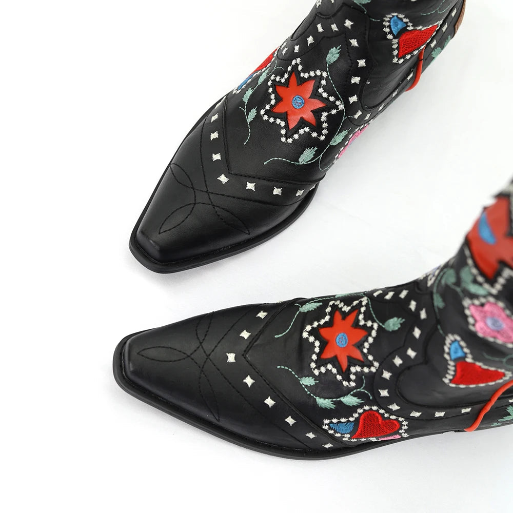 Cowboy High Boots with Embroidered Flowers and Hearts