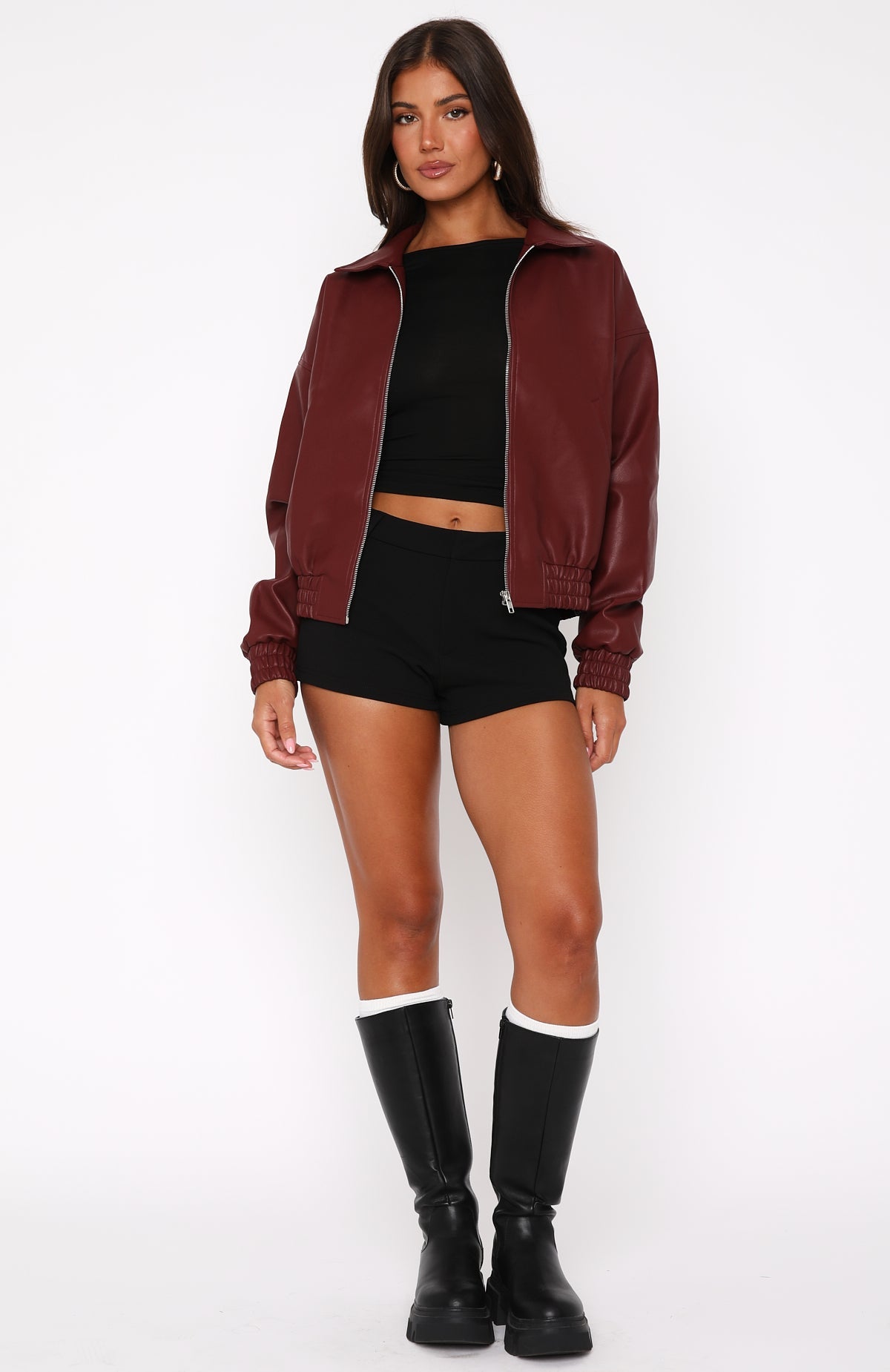 Might Cause Trouble PU Bomber Jacket Burgundy