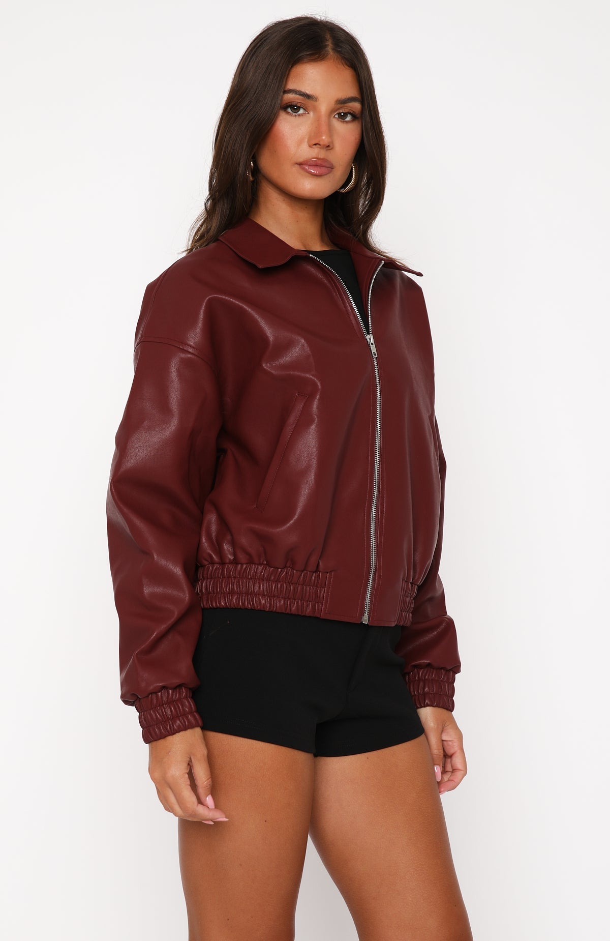 Might Cause Trouble PU Bomber Jacket Burgundy