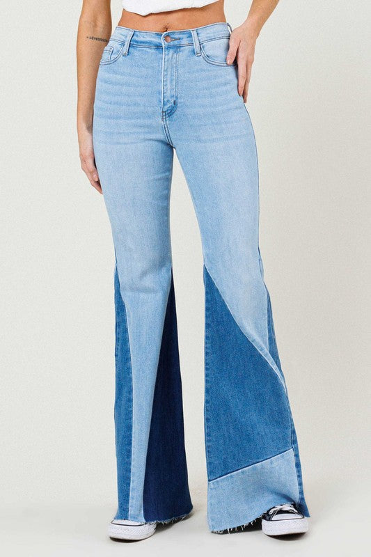 COLOR BLOCK SIDE SLIT FLARE JEANS