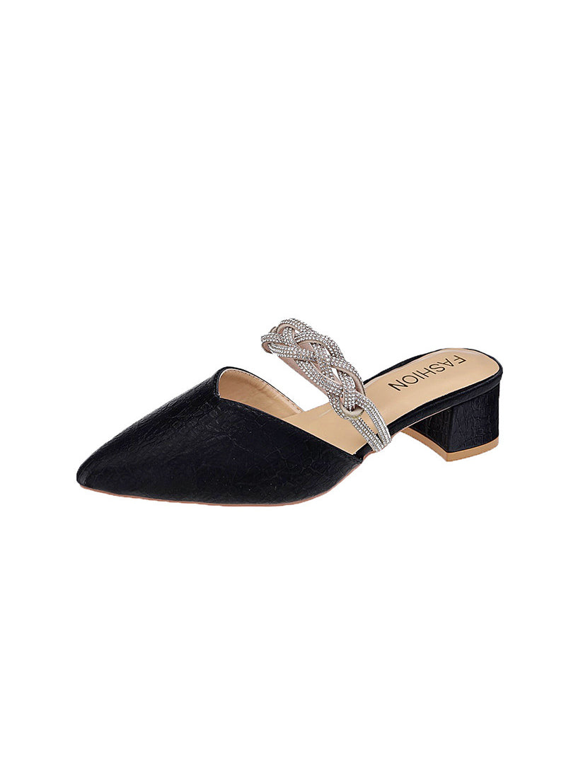 Pointed Rhinestone Thick Heel Slipper