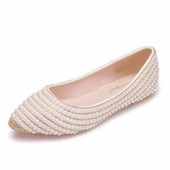 White Gold Chain Pearl Flat Wedding Shoes