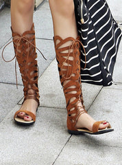 Knee High Gladiator Sandals Lace Up Flats Heel