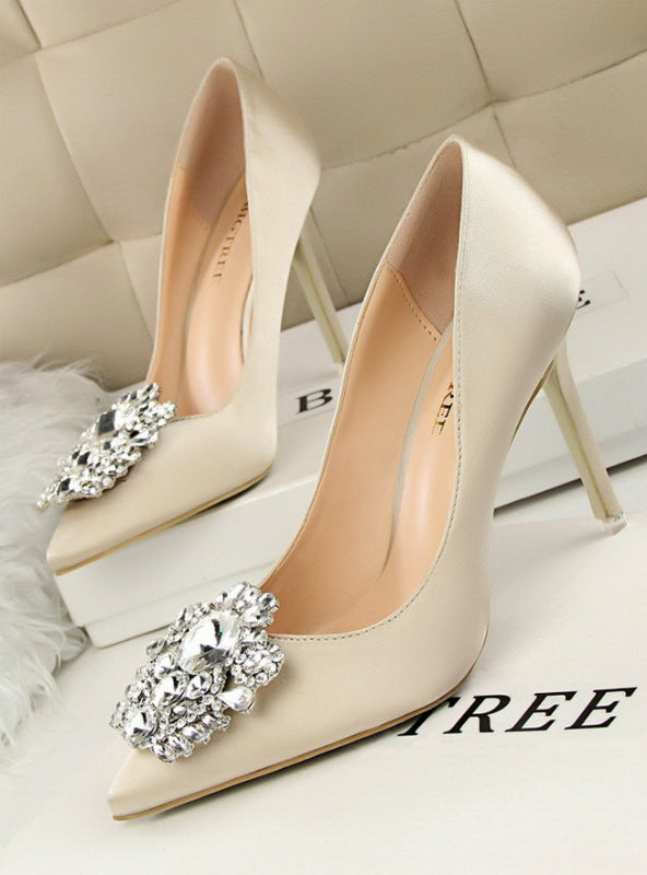 Rhinestone Silk Satin High Heels Shoes Thin Pointed