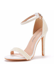 Thin Buckle Crystal Pearls Heel Sandals