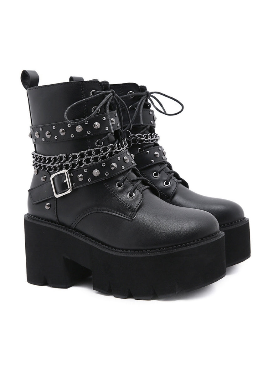 Thick-soled Side Zipper Rivet Chain Martin Boot