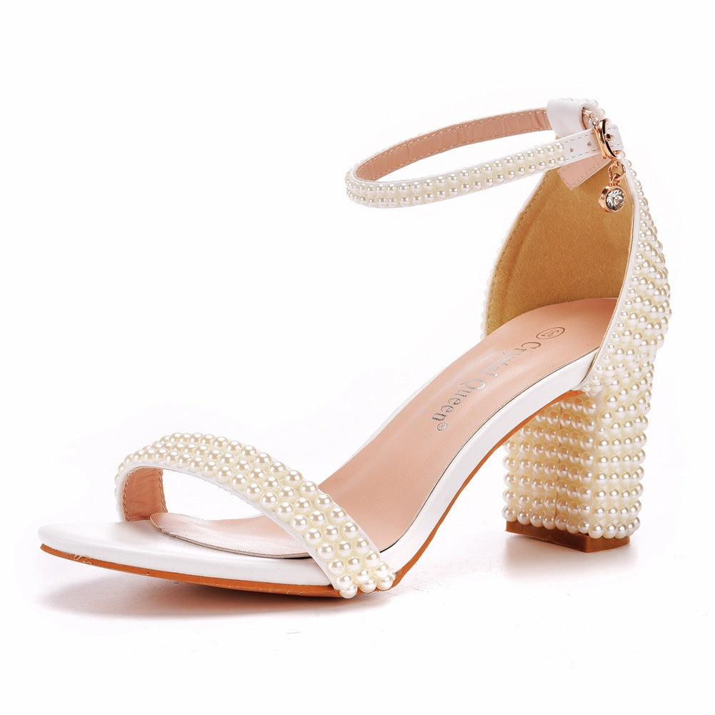 Square Root Thick Heel Pearl Sandals