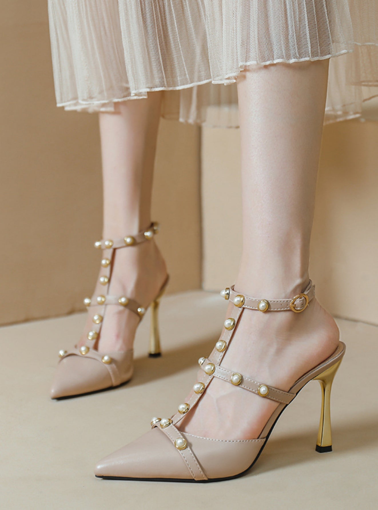 Pointed Metal Rivet High Heels Sandals