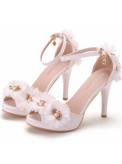 Stiletto Heels Fish Mouth White Flower Sandals