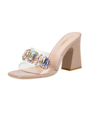 Thick-heeled Metal Diamond Buckle Slippers