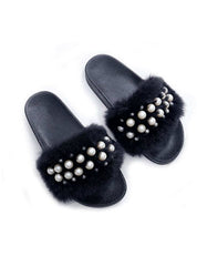 Fluffy Women Fur pearl Slippers Open Toe Flops