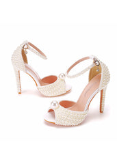 11 cm Shallow Mouth Thin-heeled Pearls Sandals