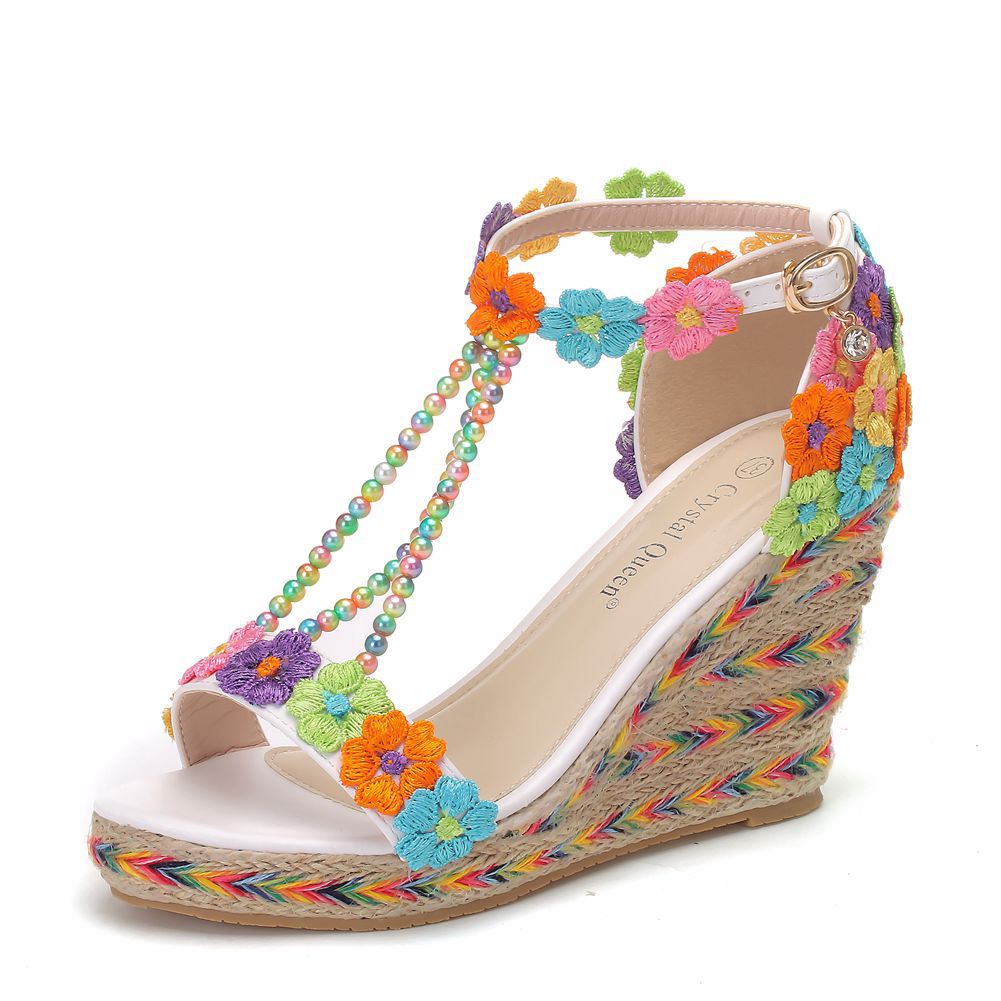 Waterproof Platform Toe Rainbow Lace Beaded Sandals