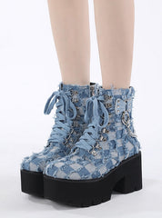 Denim Blue Buckle Side Zipper Boots