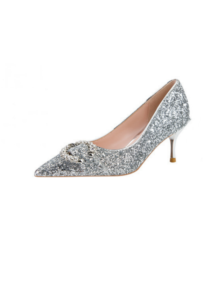 Thin High Heel Pointed Sequined Belt Buckle Shoes