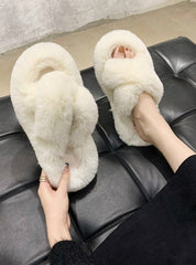 Women Fur Slippers Fashion Cross Band Warm Plush