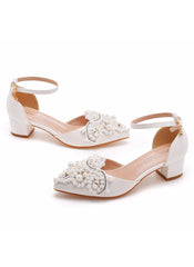 4 cm White Beaded Pointed Heels Sandals