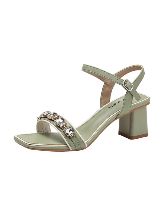 Rhinestone Square-headed Thick-heeled Sandals