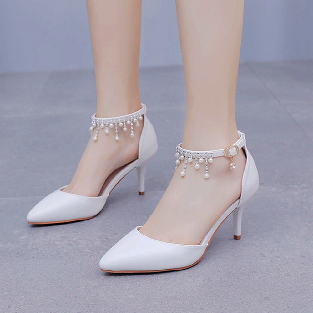 7 cm Thin-heeled Pointed Beaded Tassel Sandals