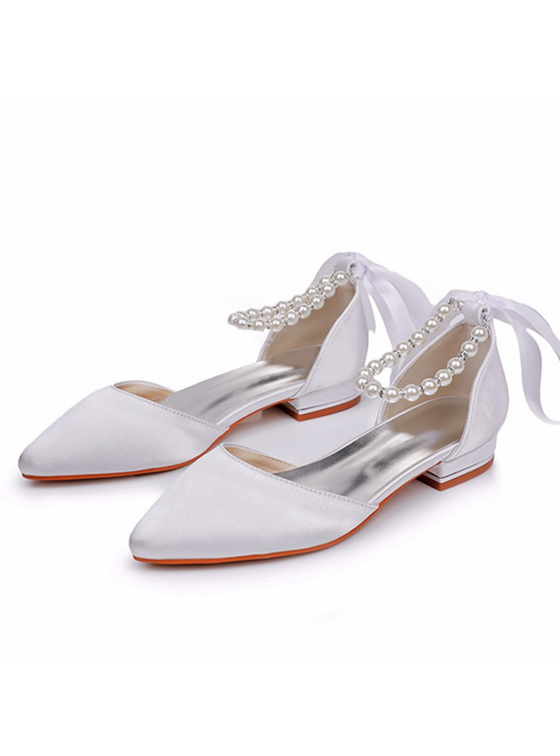 2 cm Flat-heeled Pointed White Satin Beaded Sandals