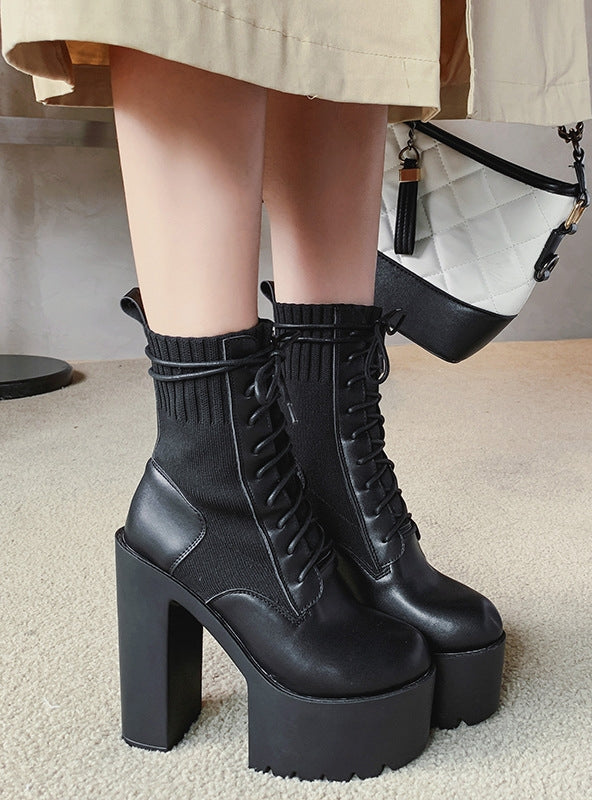 Knitted Elastic Thick Heel Lace-up Martin Boots