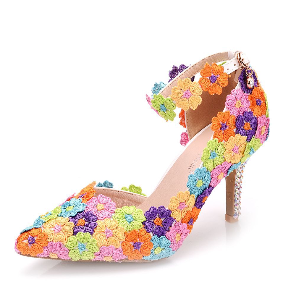 Colored Lace Stiletto Heels Pointed Sandals