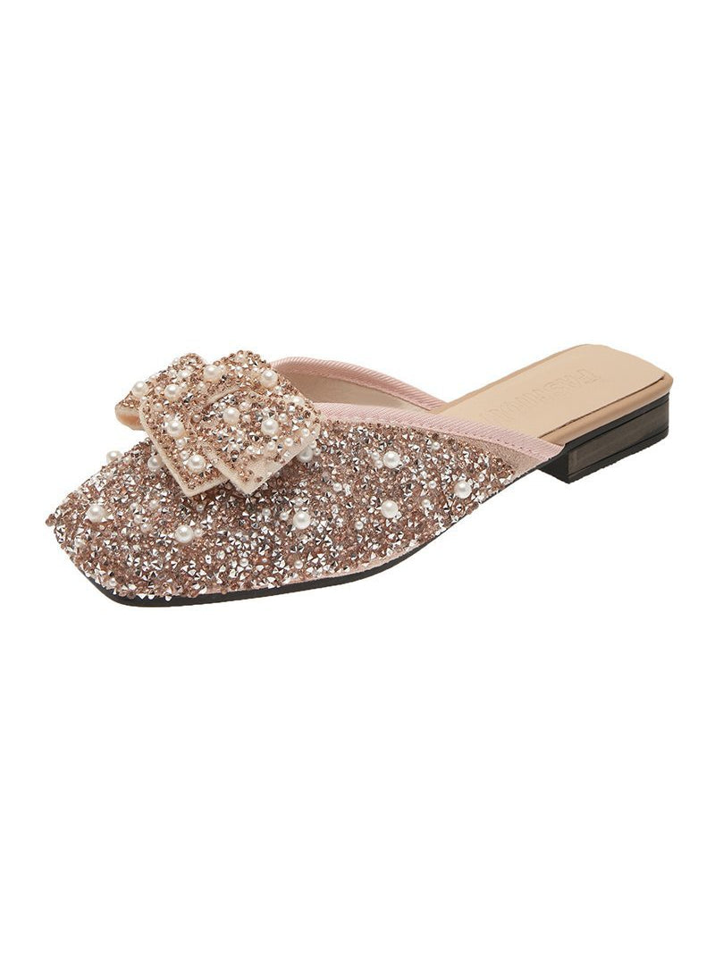 Flat-bottomed Rhinestone Square Bow Slipper