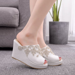 White Rhinestone Fish Mouth Wedge Slippers